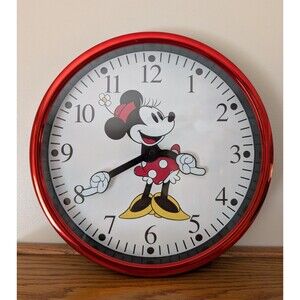 Disney Minnie Mouse Analog Display 12” Wall Clock Metallic Red Works Great!